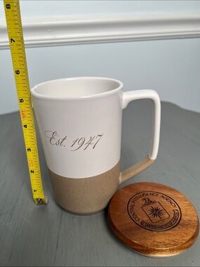 CIA White and Tan Ceramic Mug with Wood Lid - 'Est. 1947' iconic coffee,tea,soup